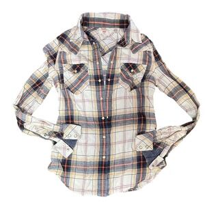 Levi's Tailored Fit Plaid Snap Front Shirt‎ Women's XS White Blue Orange